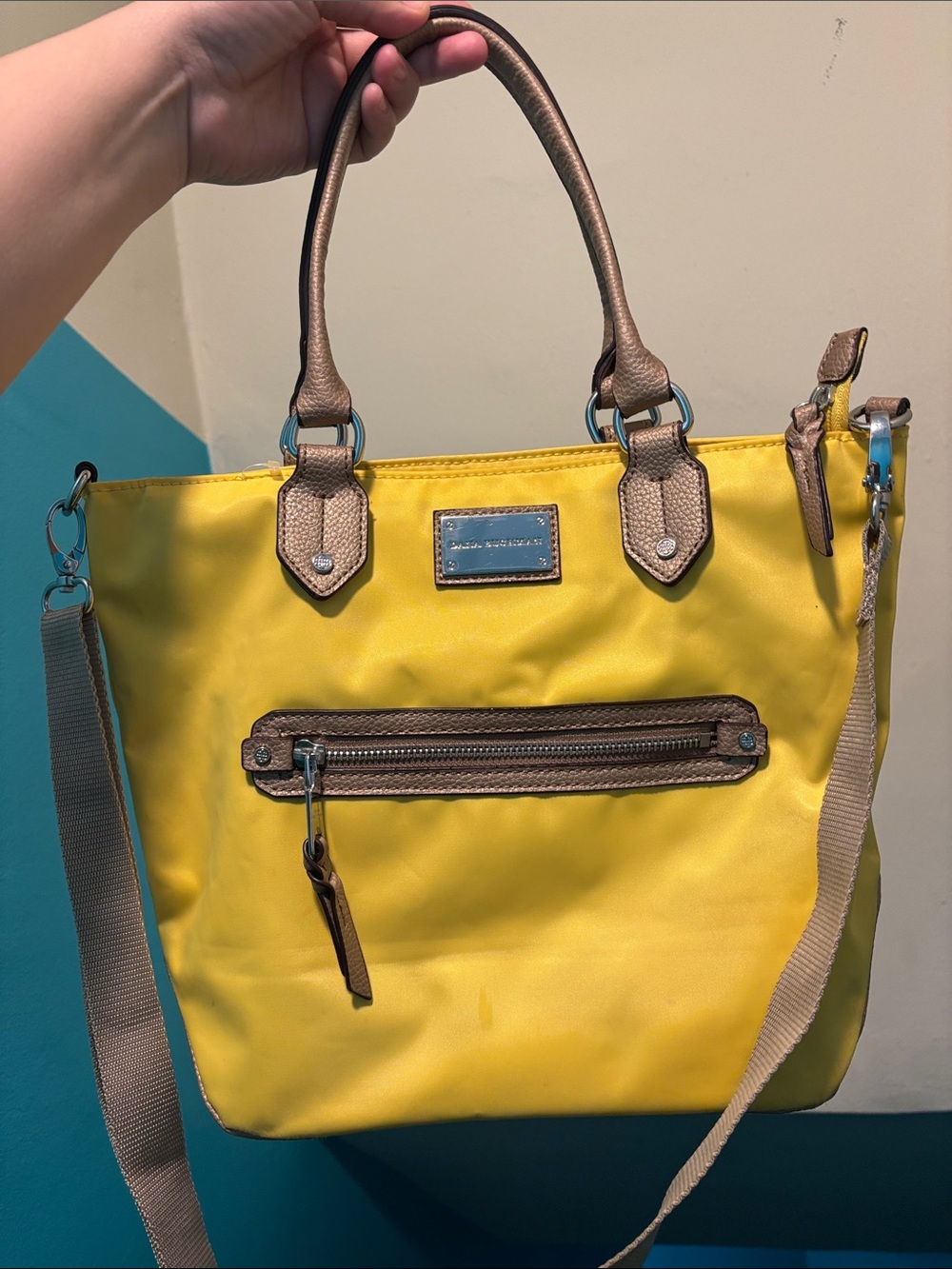 Dana Buchman Yellow Tote with Brown Trim and Crossbody Strap